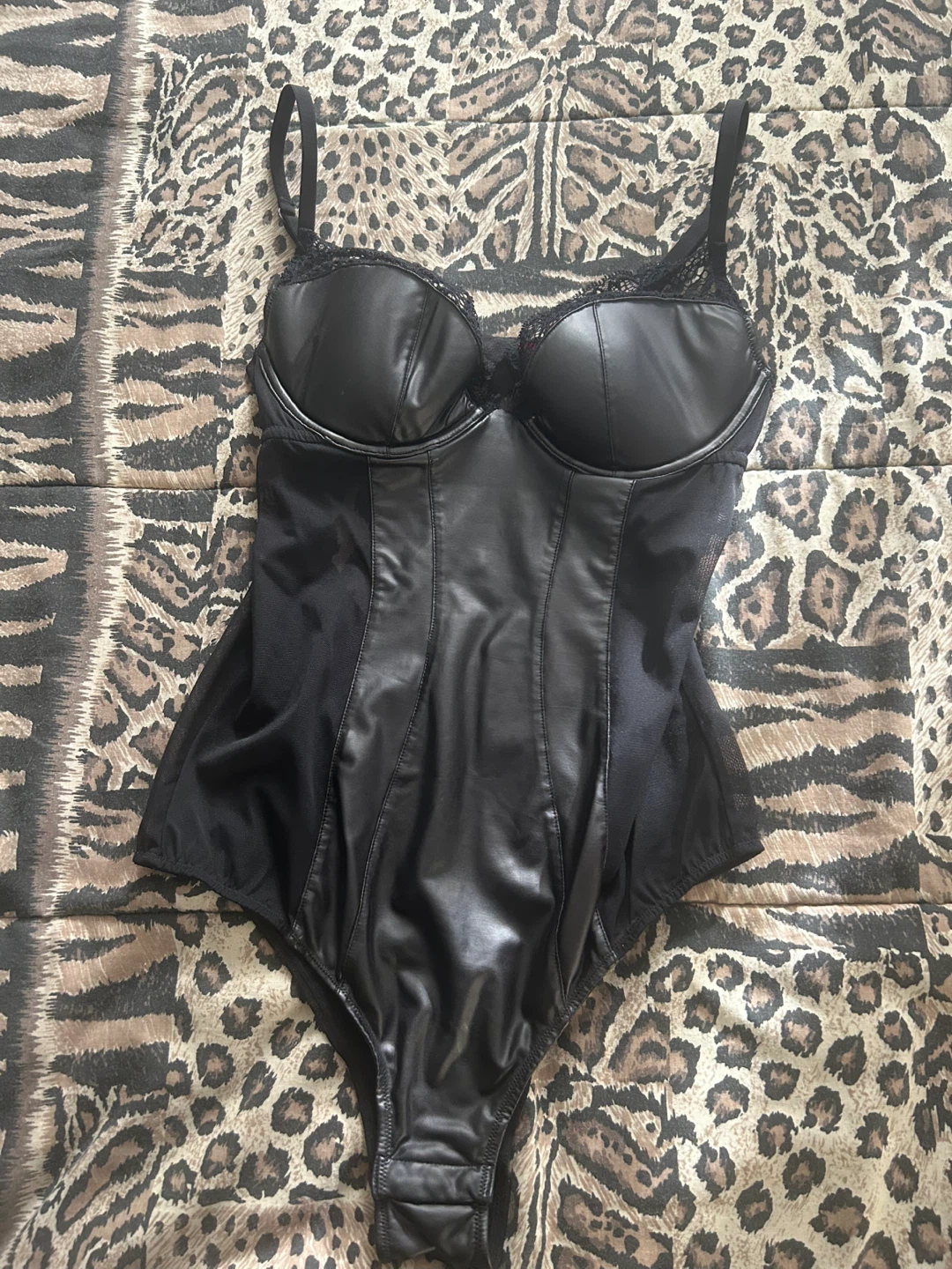 La Senza Black Faux Leather Teddy Bodysuit - Size M