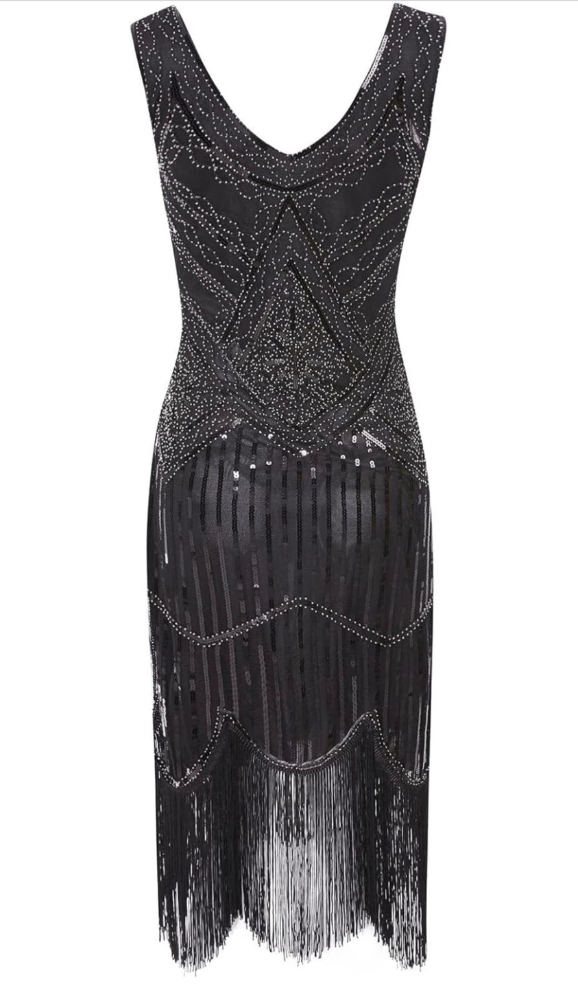NEW! Black Sequin Flapper Dress with Fringe