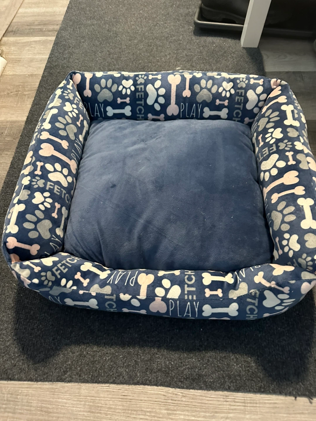 Blue Dog Bed with Paw Print and Bone Pattern