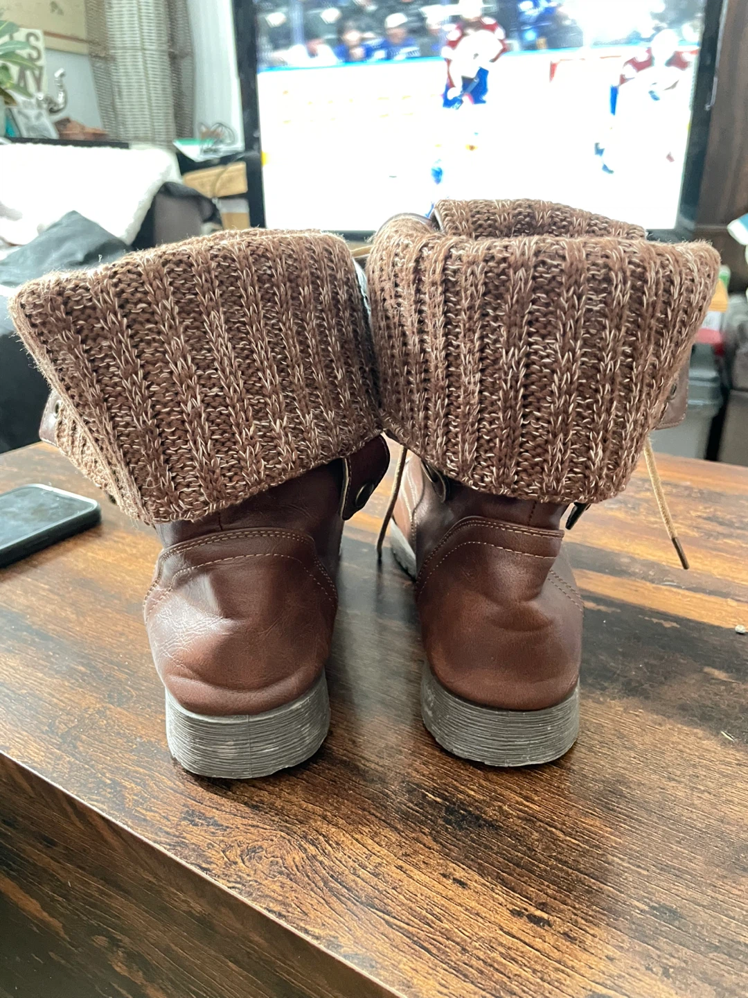 Ladies Brown Combat Boots with Knit Collars - photo 5