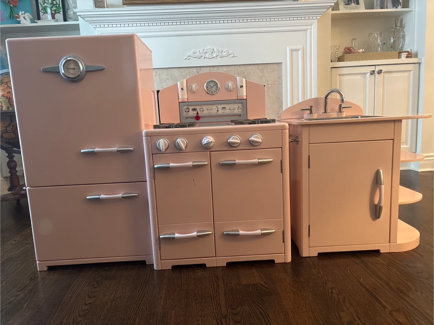 Pink Wooden Play Kitchen with Refrigerator, Stove, and Sink