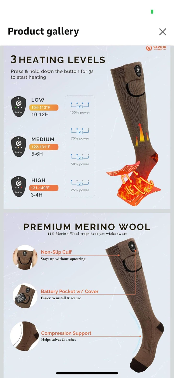 Savior Heat Heated Merino Wool Socks - X-Large, Brown - photo 2