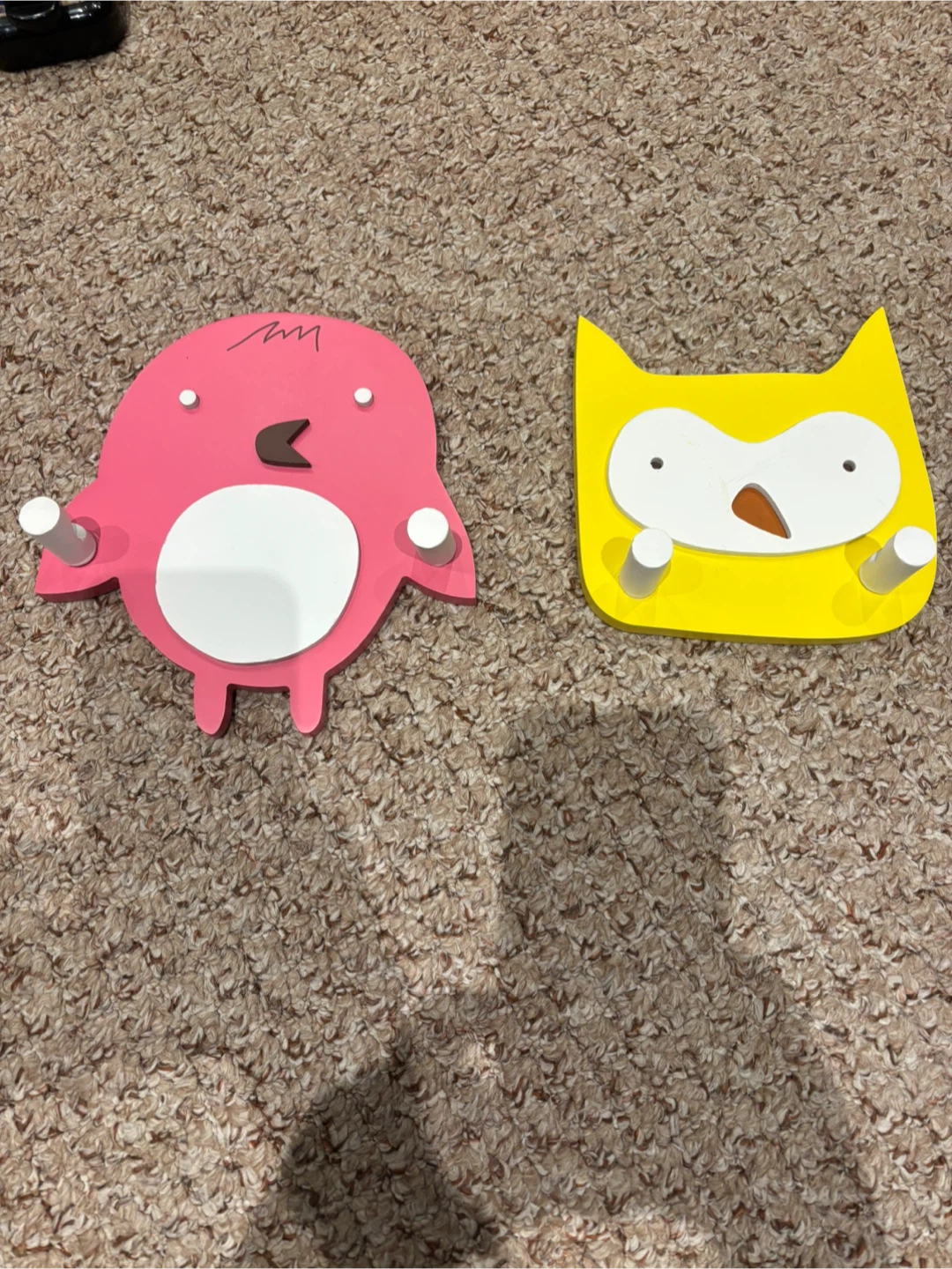 Pink Bird & Yellow Owl Wall Hooks Set