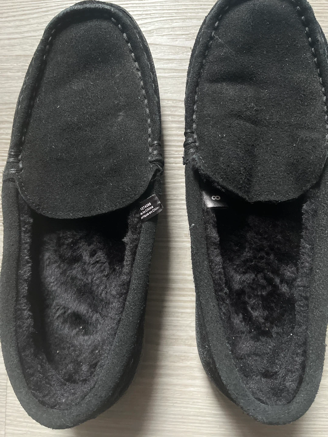 Black Suede Moccasin Slippers - Size 8