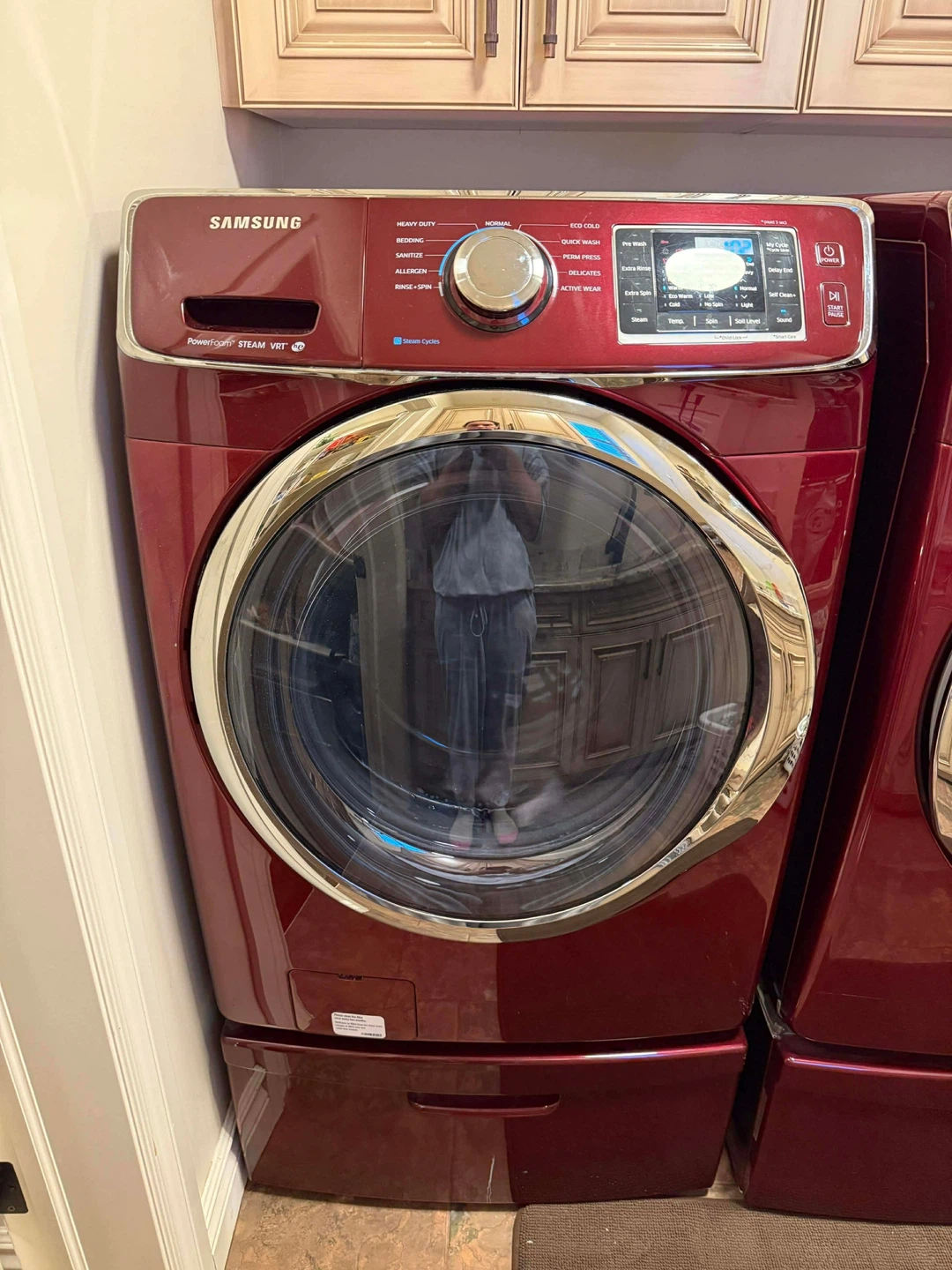 Samsung Front Load Washing and Dryer on Pedastals - Red
