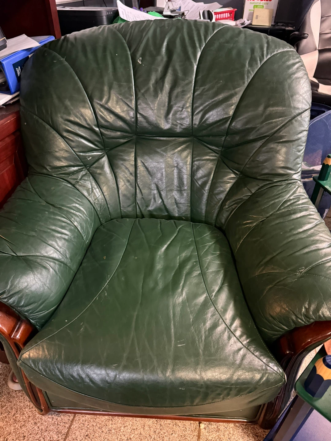 Green Leather Sofa and Matching Armchair Set