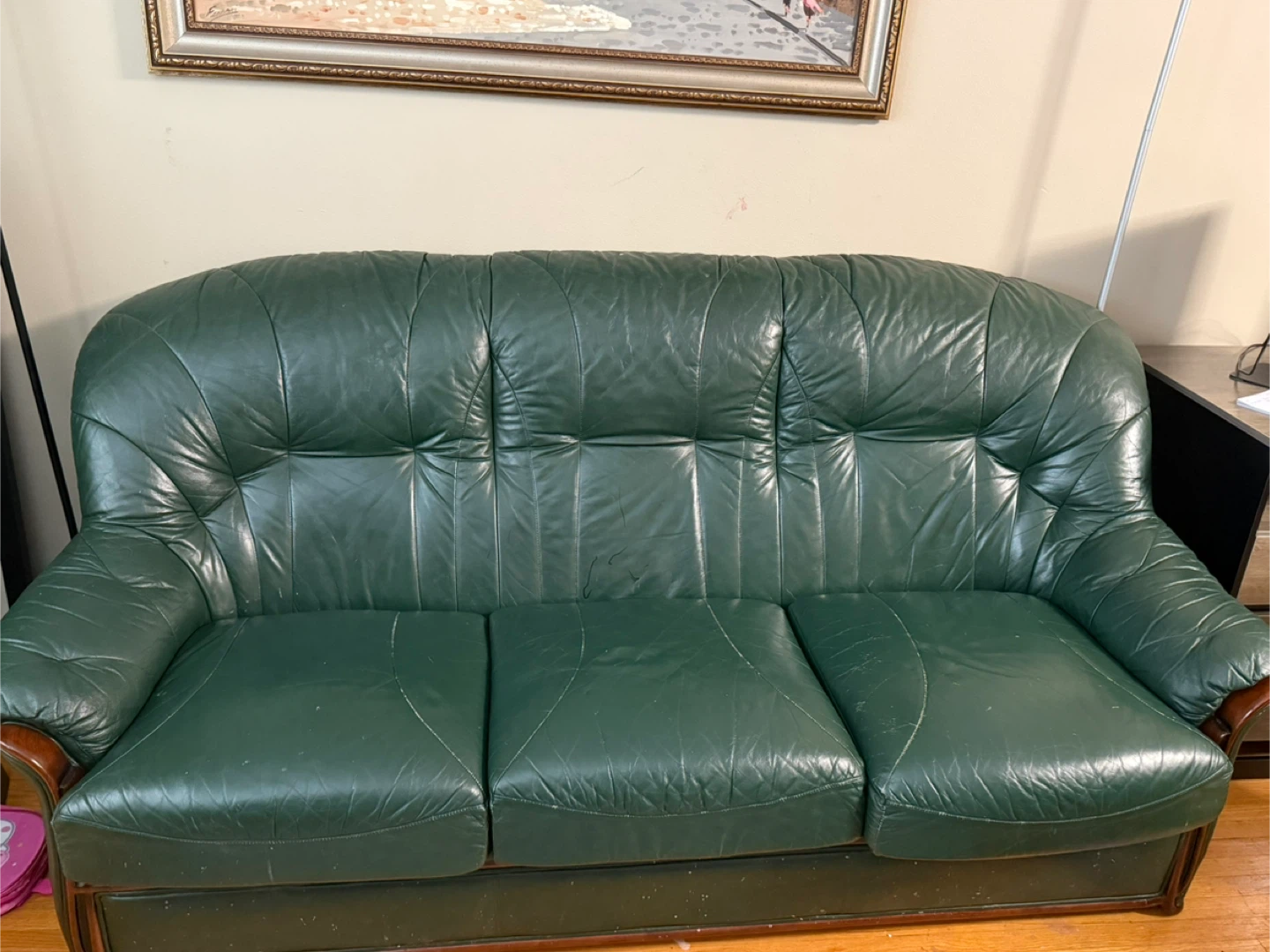 Green Leather Sofa and Matching Armchair Set - photo 3