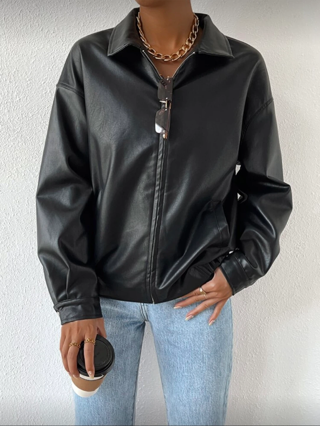 Drop Shoulder Zip Up PU Cropped Jacket - photo 3