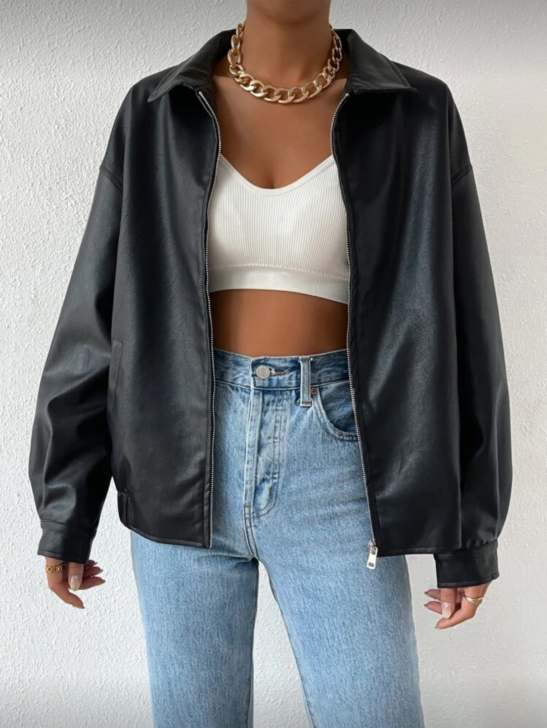 Drop Shoulder Zip Up PU Cropped Jacket