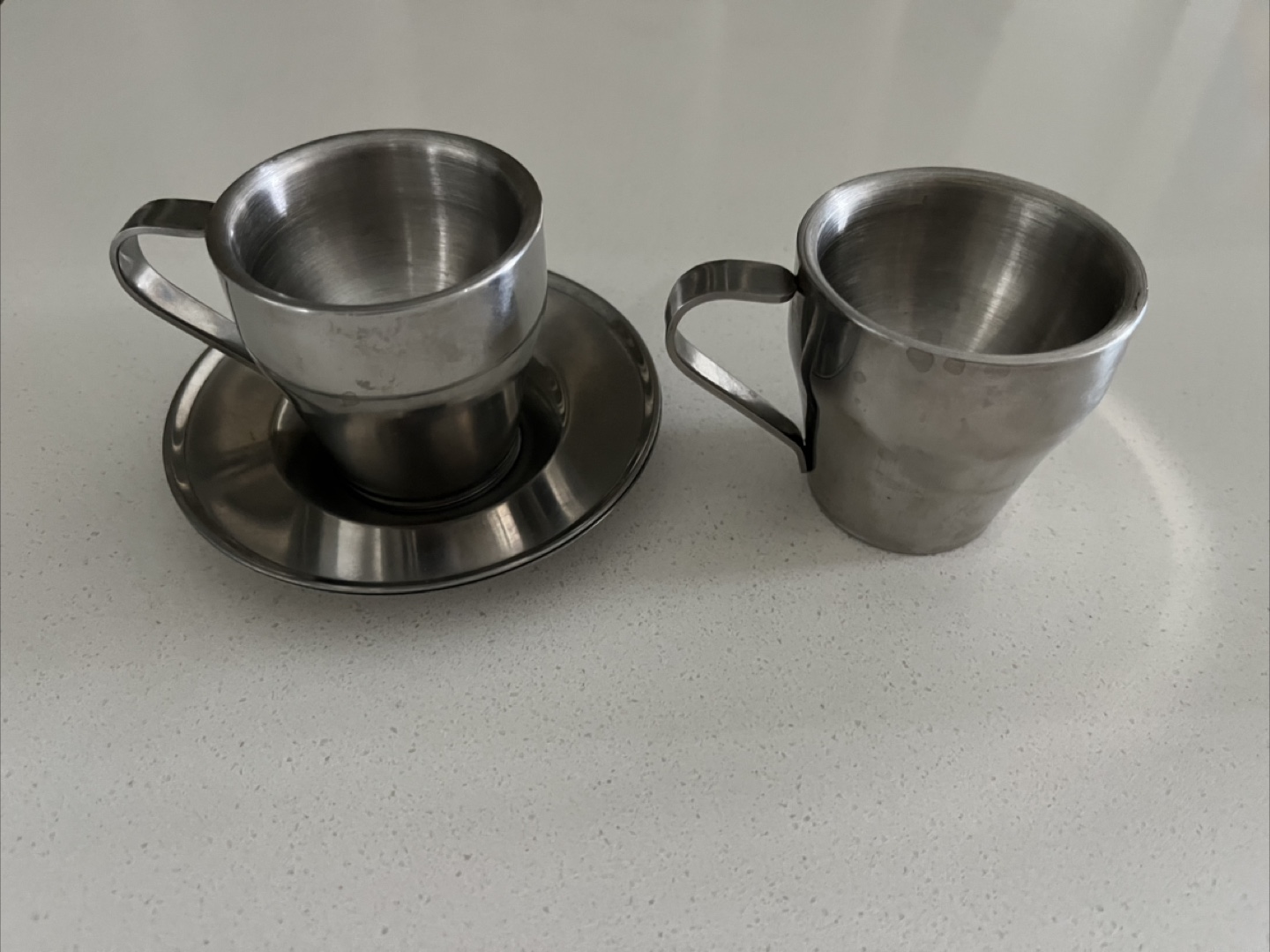 Set of 2 Stainless Steel Espresso Cups with 1 Saucer