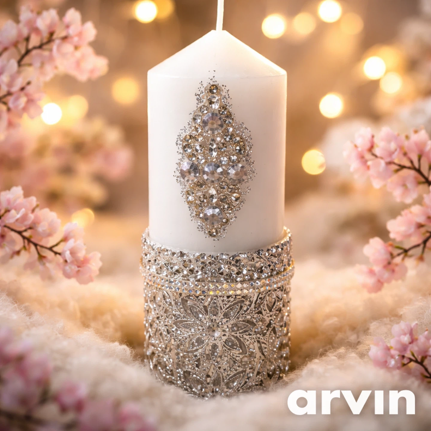 Arvin White Pillar Candle with Rhinestone Embellishments