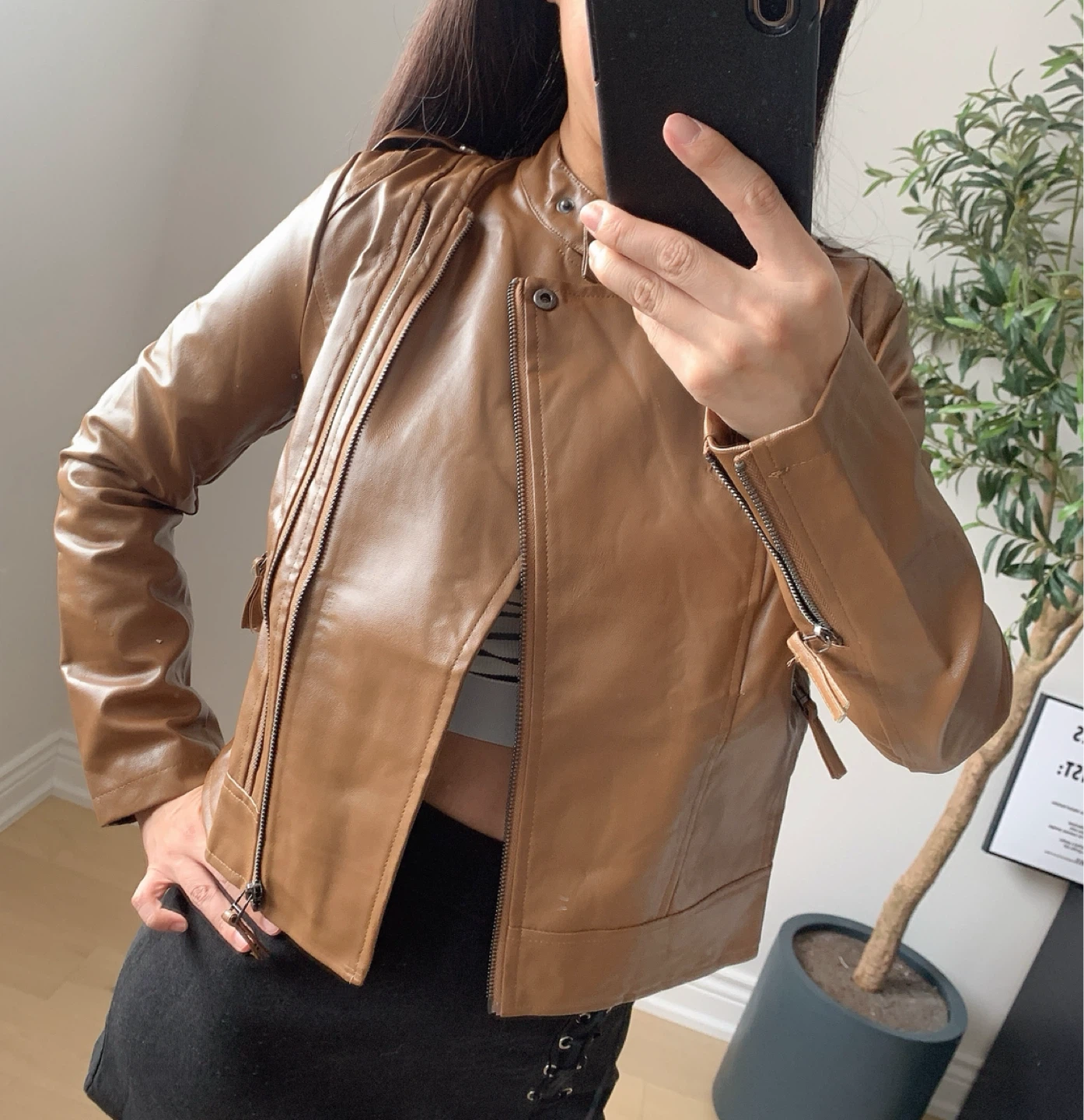 New Brown Cropped Leather Jacket – Size S