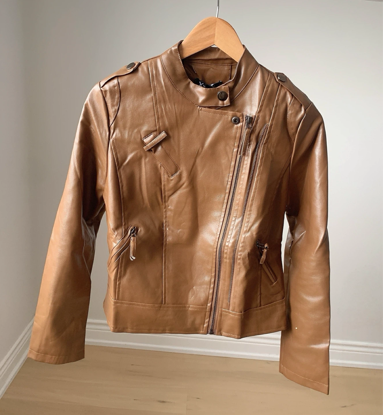 New Brown Cropped Leather Jacket – Size S - photo 2