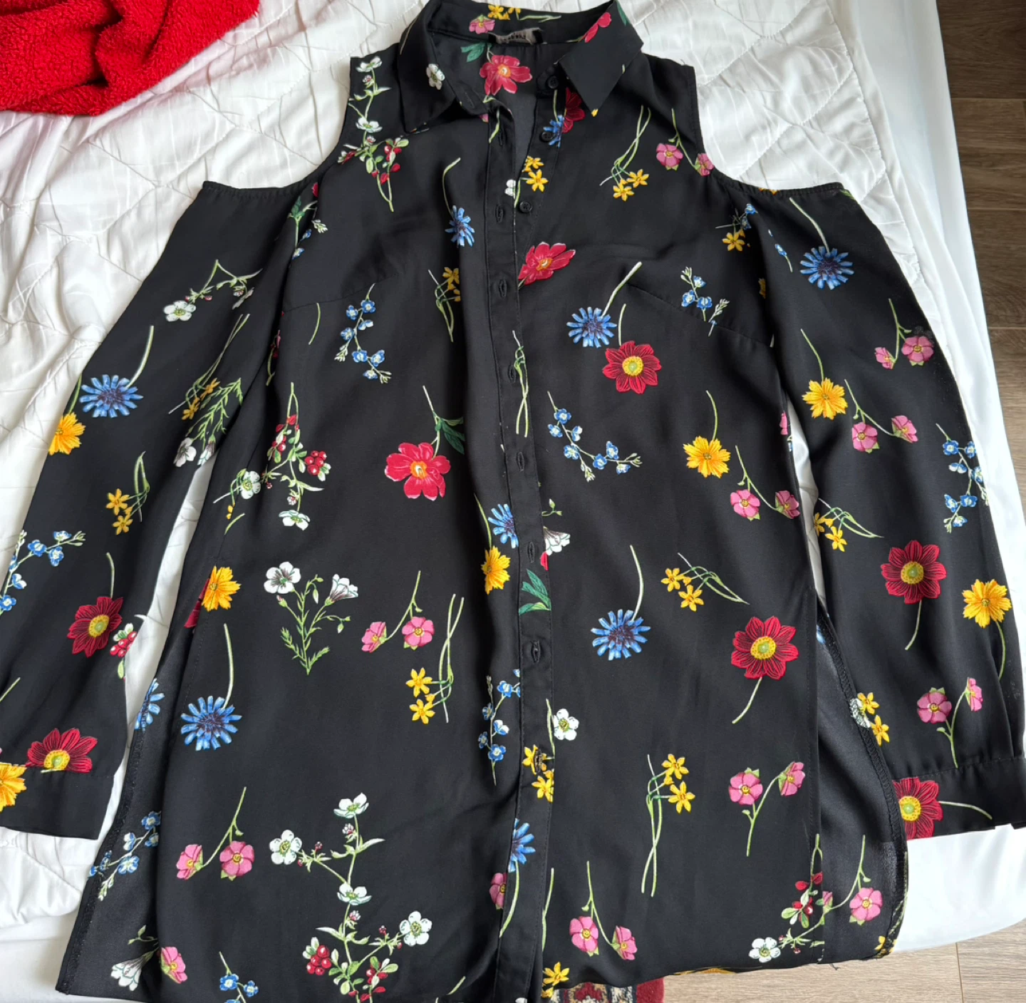 Black Cold Shoulder Floral Print Blouse