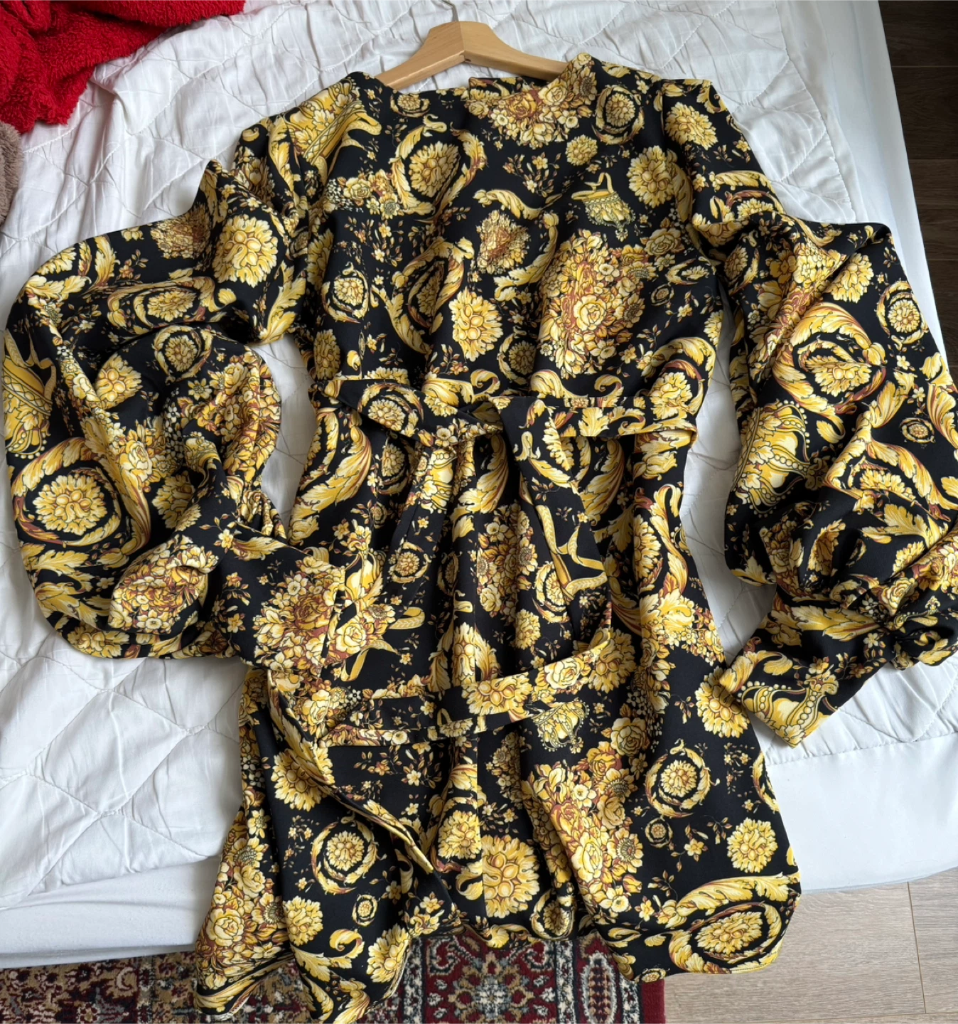 Black and Gold Baroque Print Dress
