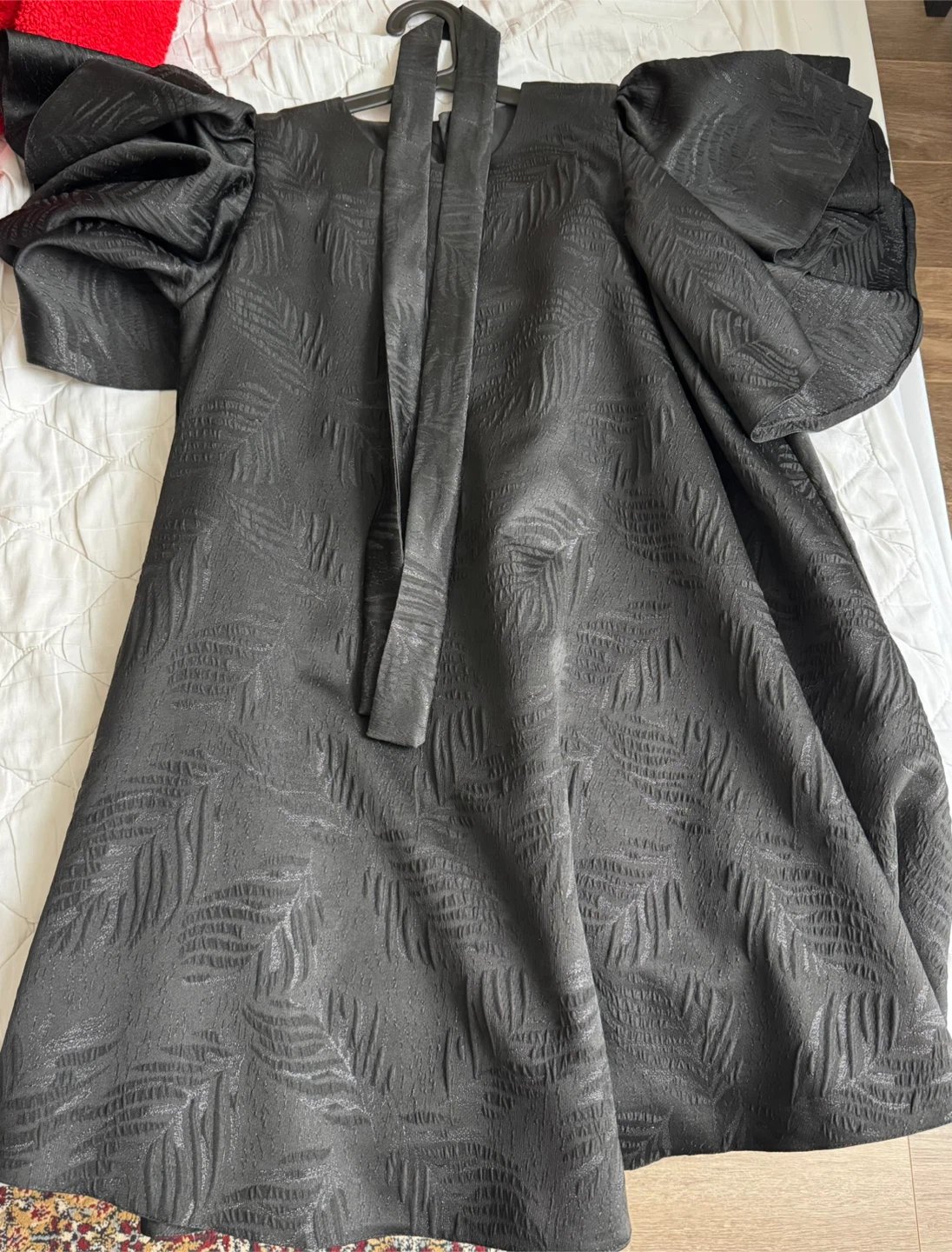 Black Textured Dress with Puff Sleeves