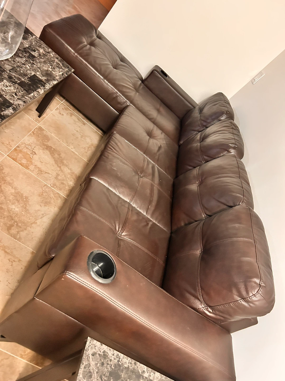 Brown Tufted Leather Reclining Sofa with Cup Holders