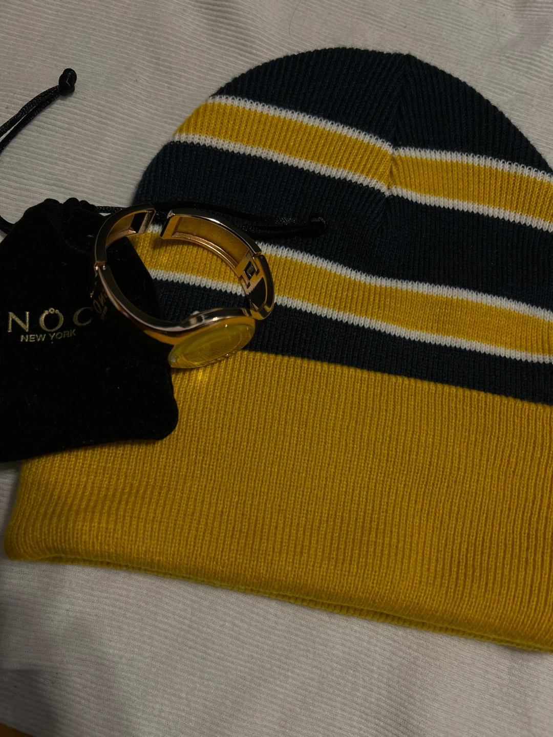 Tna Striped Beanie and Gold Tone Watch Set