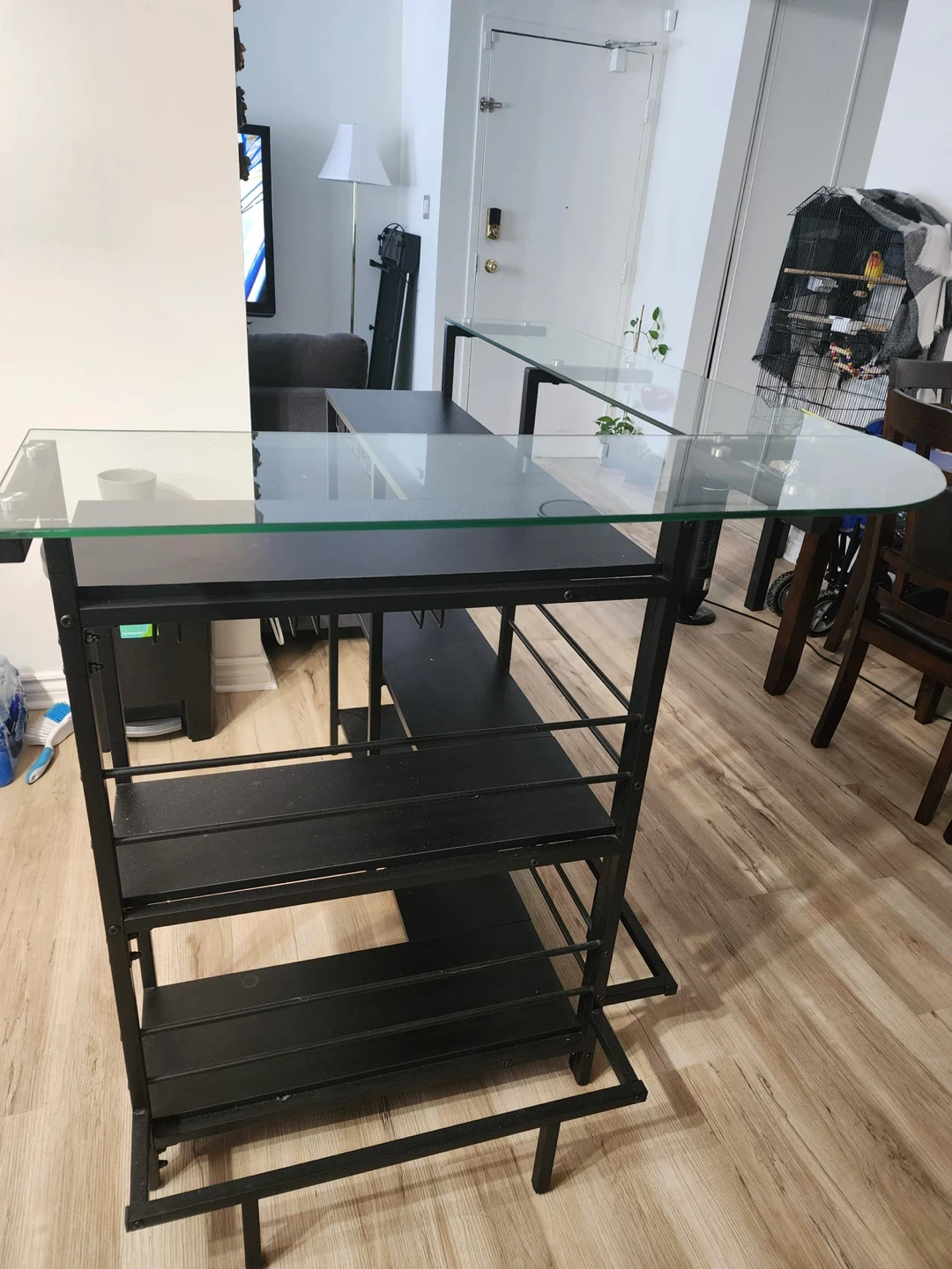 Glass Top Bar with Black Metal Frame and Shelves