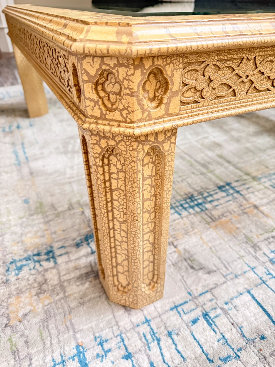 Vintage Glass Top Coffee Table with Ornate Carved Base - photo 2