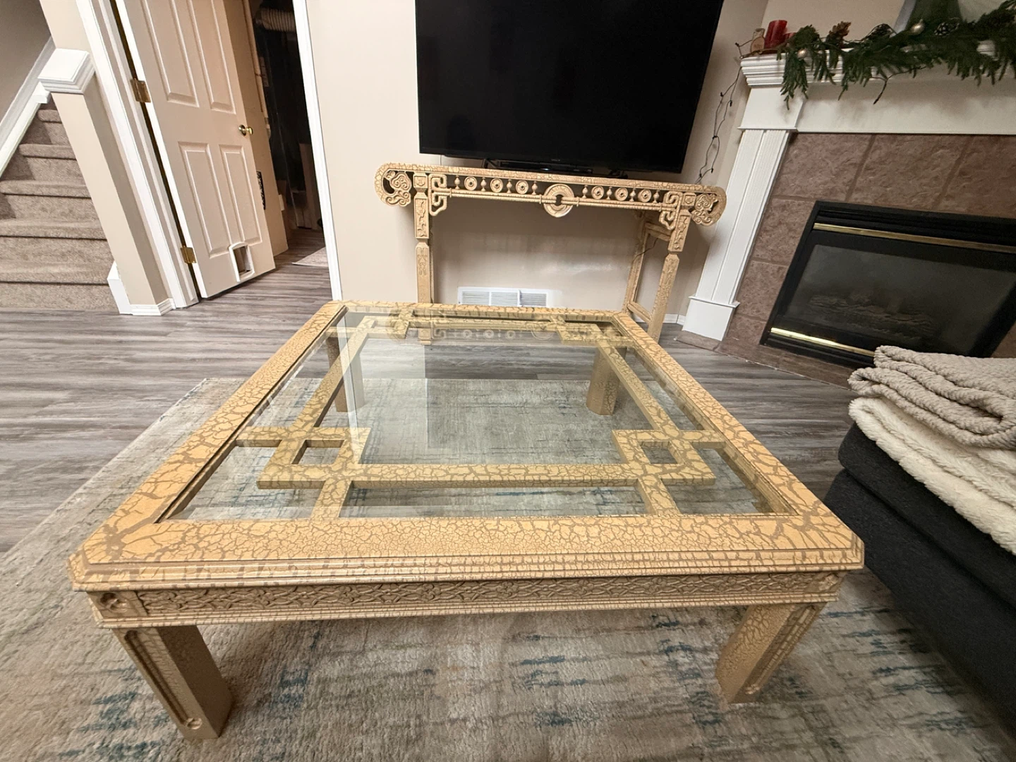 Vintage Glass Top Coffee Table with Ornate Carved Base - photo 4
