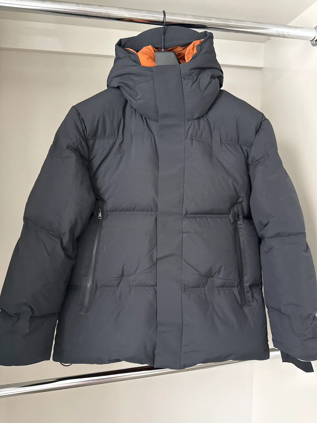 Black Puffer Jacket with Orange Lining