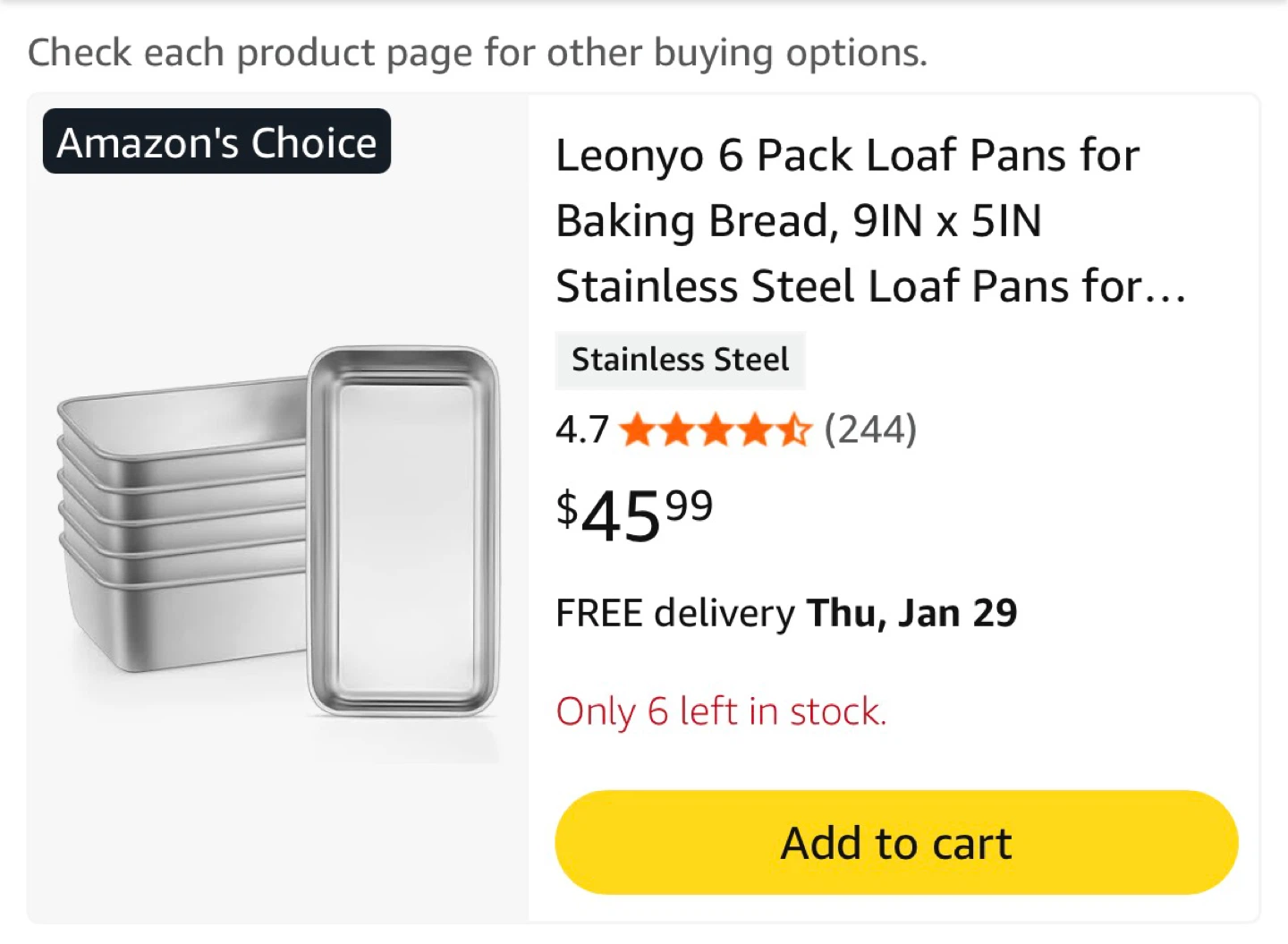 Leonyo 6 Pack Loaf Pans for Baking Bread - photo 2