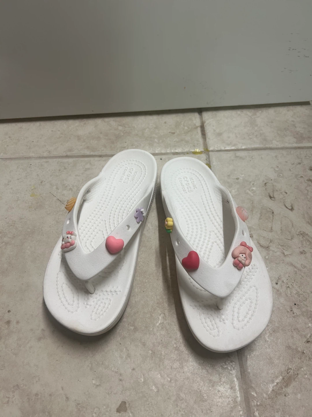 White Crocs Flip Flops with Charms