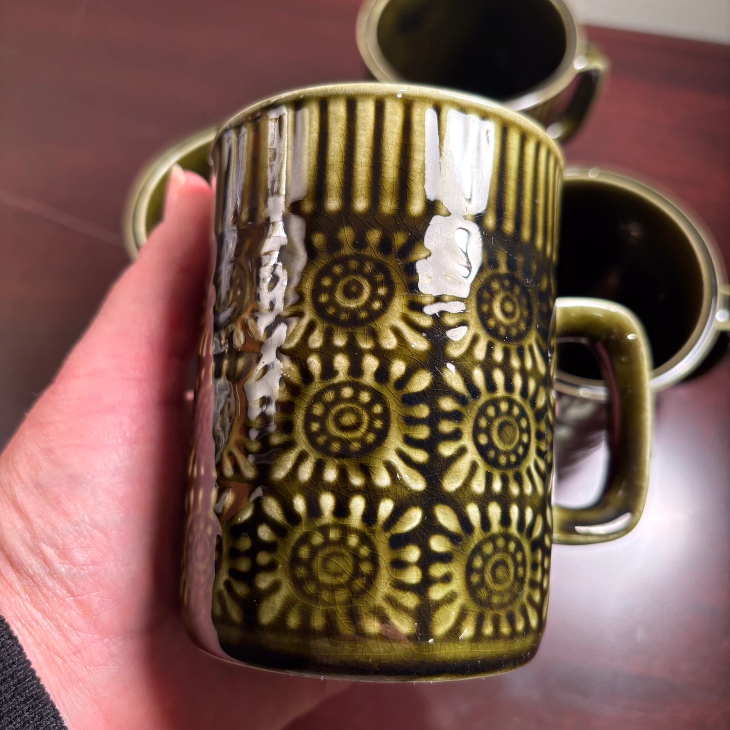 Set of 4 Vintage Green Ceramic Mugs