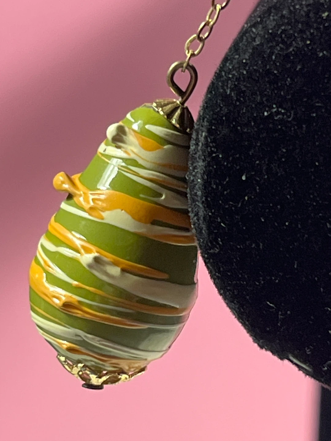 Teardrop Shaped Dangle Earrings Green Orange Swirl - photo 2