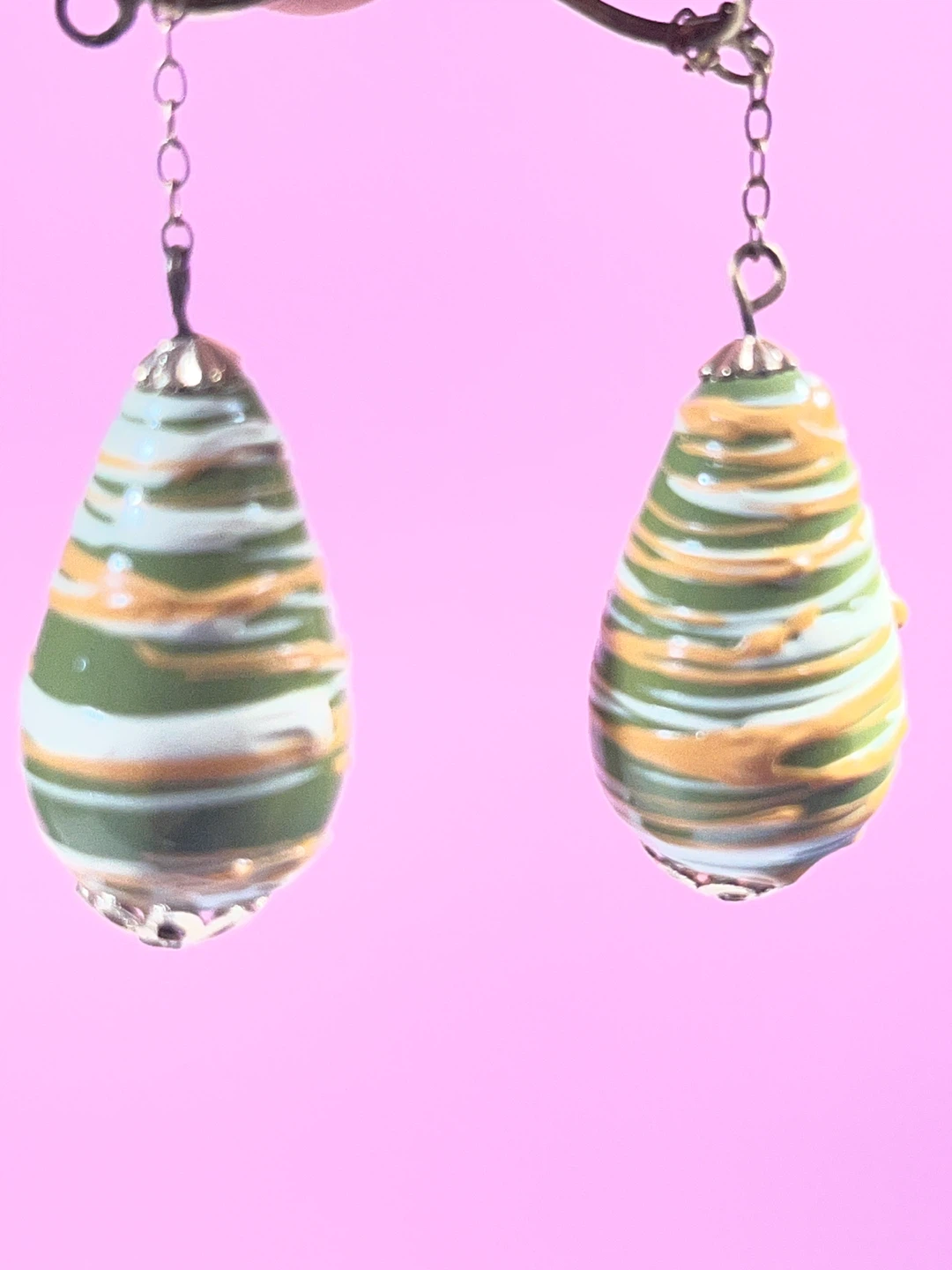Teardrop Shaped Dangle Earrings Green Orange Swirl - photo 4
