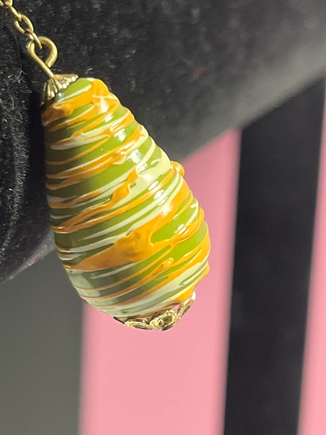 Teardrop Shaped Dangle Earrings Green Orange Swirl - photo 3