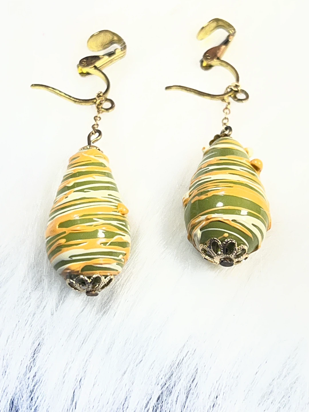Teardrop Shaped Dangle Earrings Green Orange Swirl