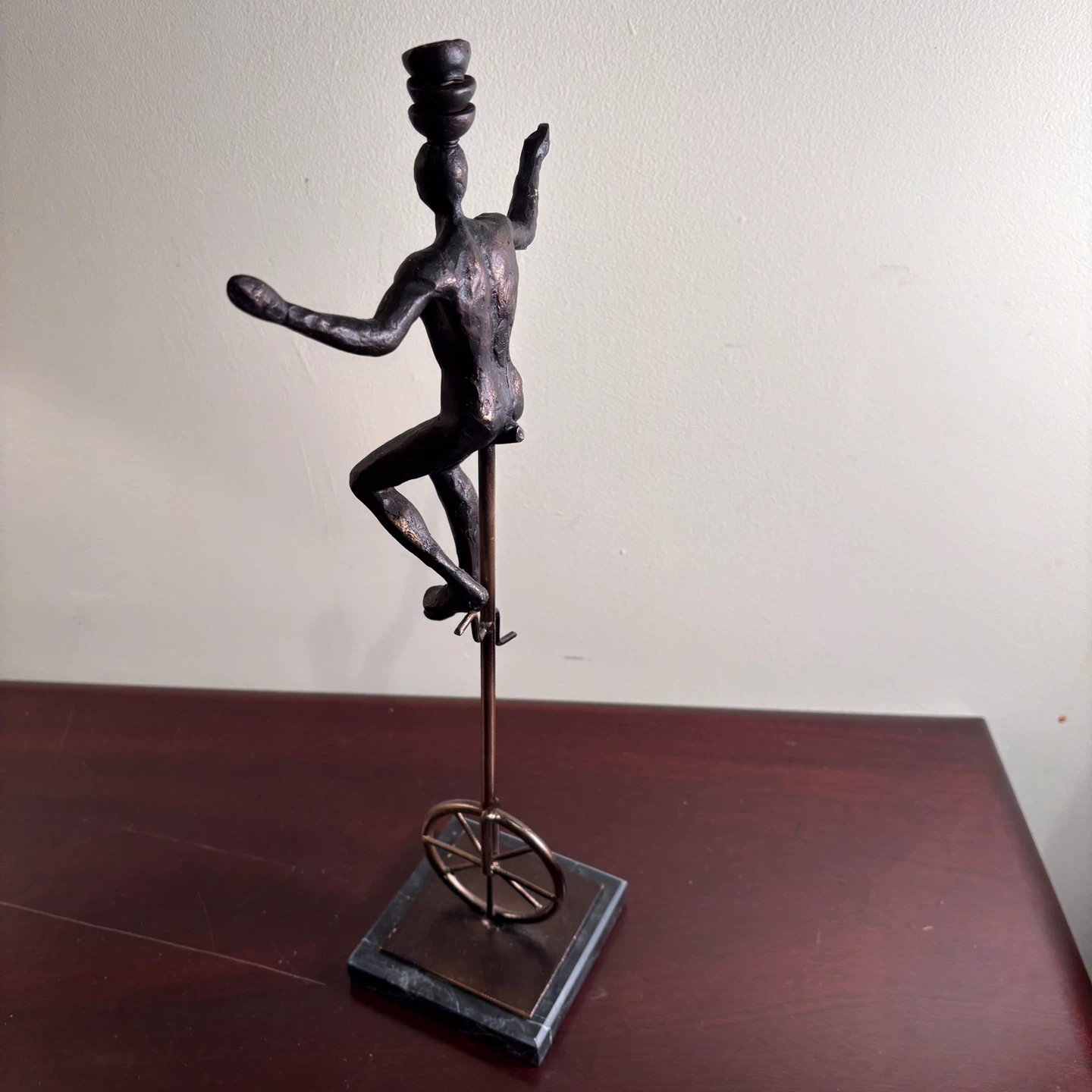 Bronze Finish Figurine of a Unicyclist Balancing Bowls - photo 5
