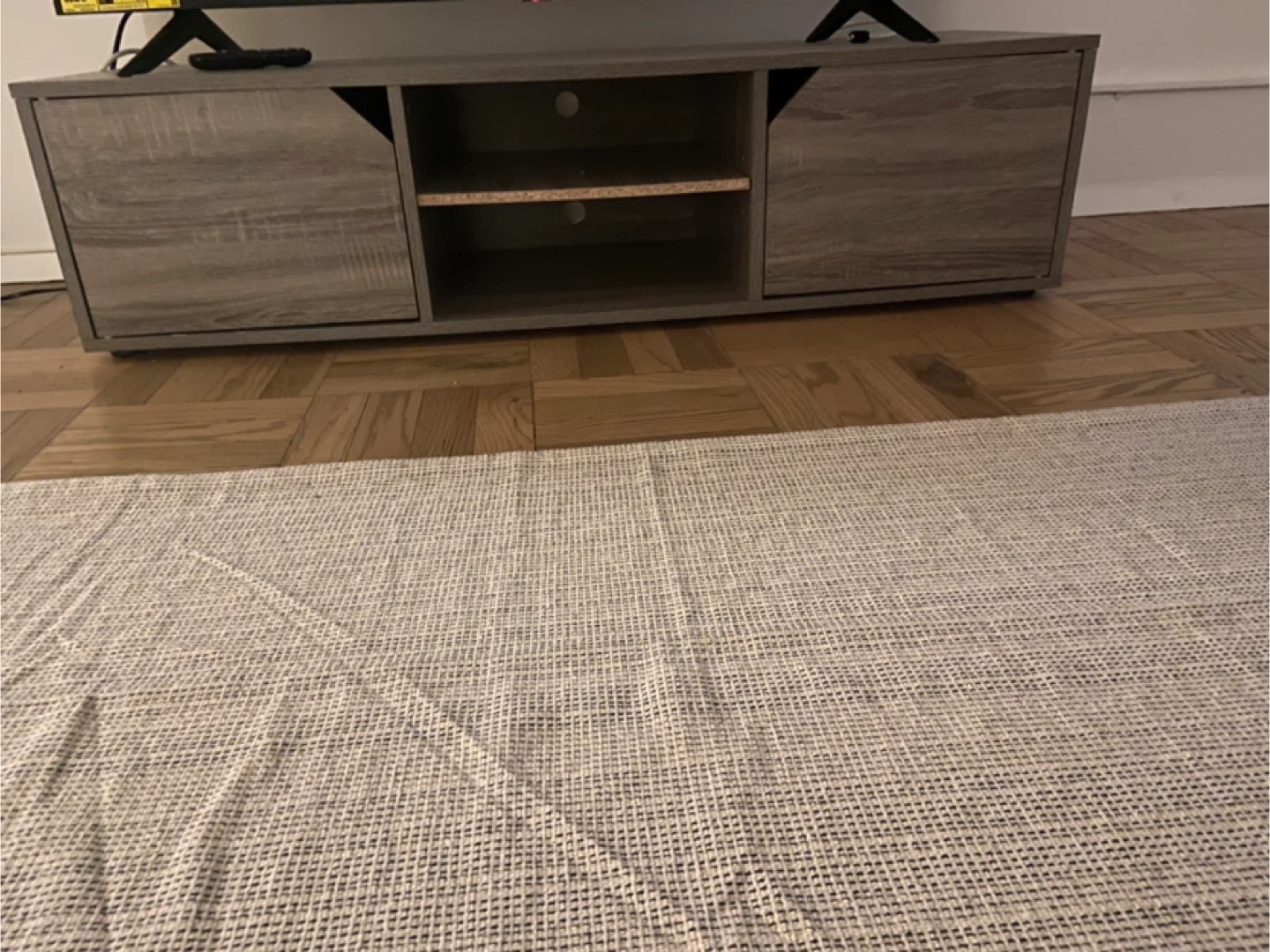 Modern Gray Wood TV Stand with Cabinet and Shelves