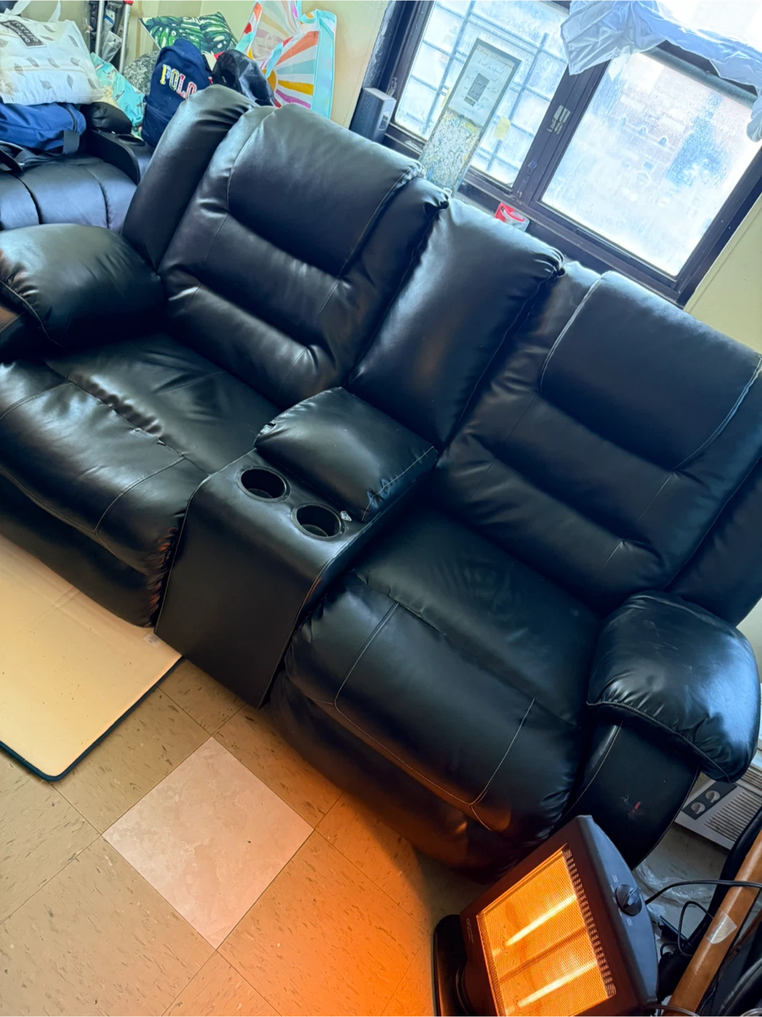 Black Leather Loveseat Recliner with Cup Holders
