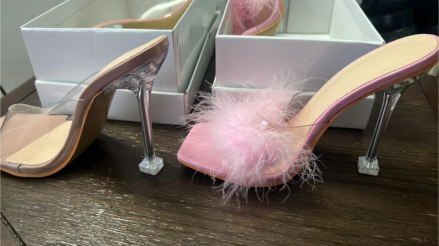 Women's Feather Trim Mules - Pink & Nude
