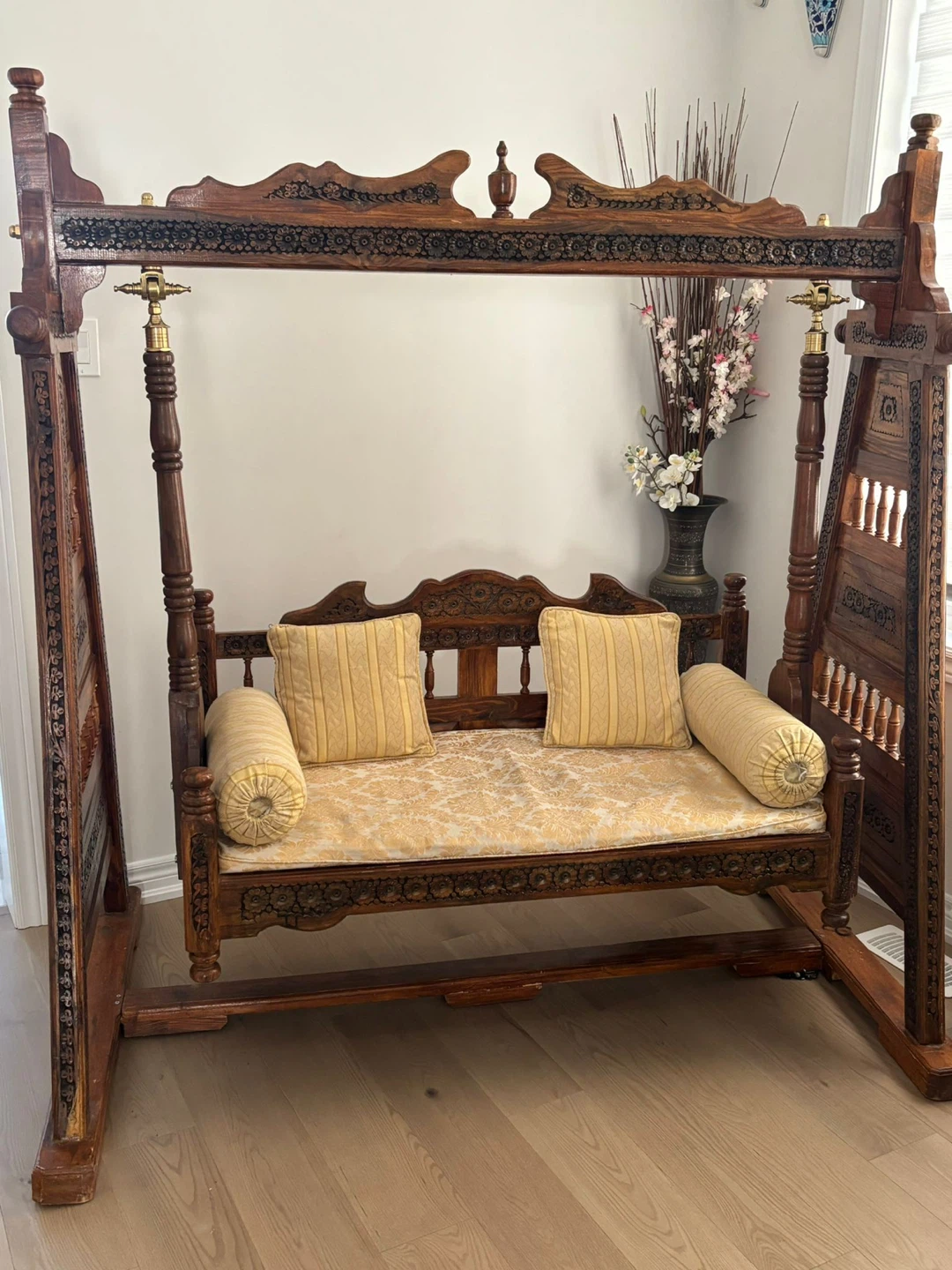 Ornate Wooden Indoor Swing with Cushions