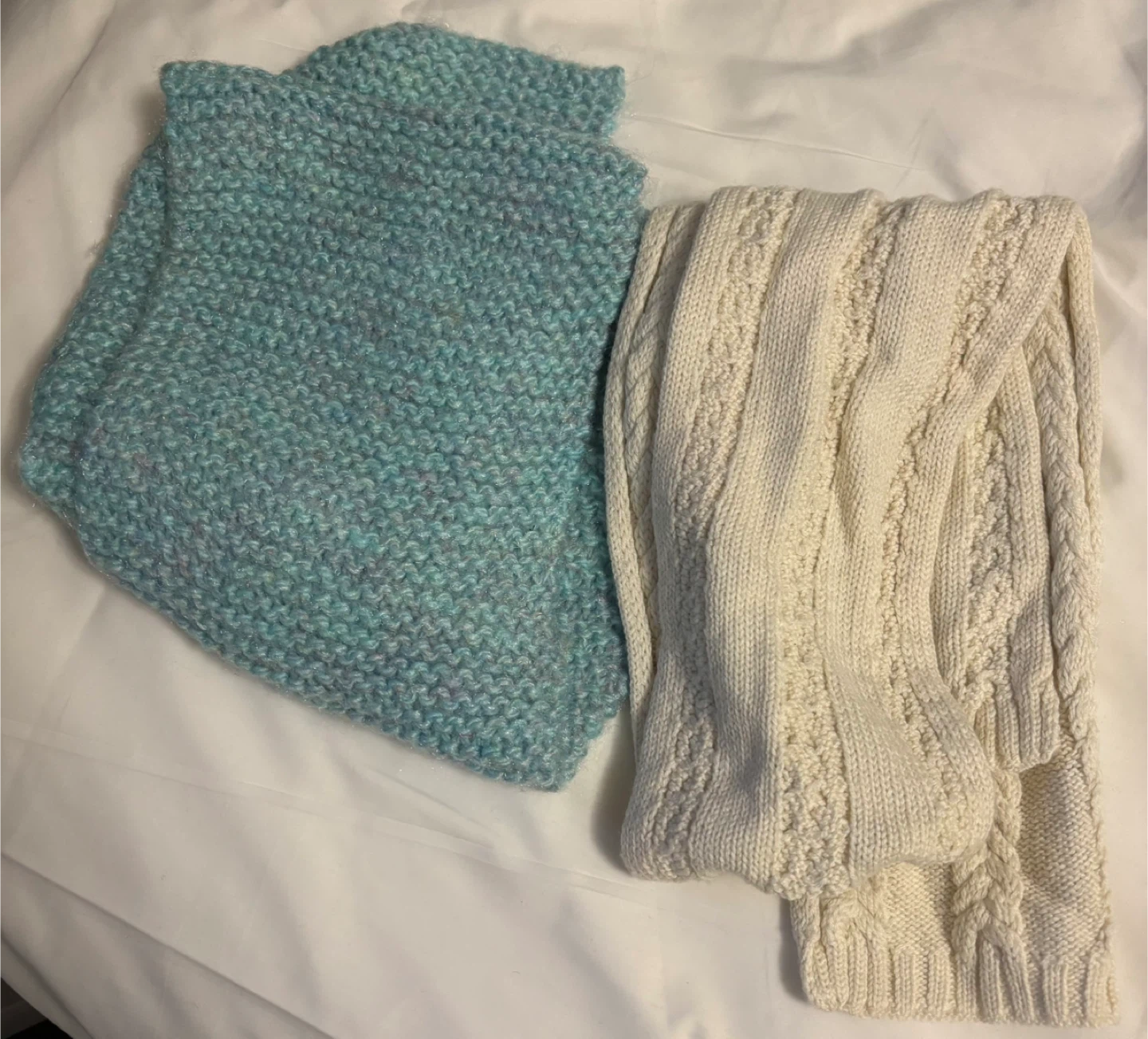 Two Knitted Scarves - Blue and Cream