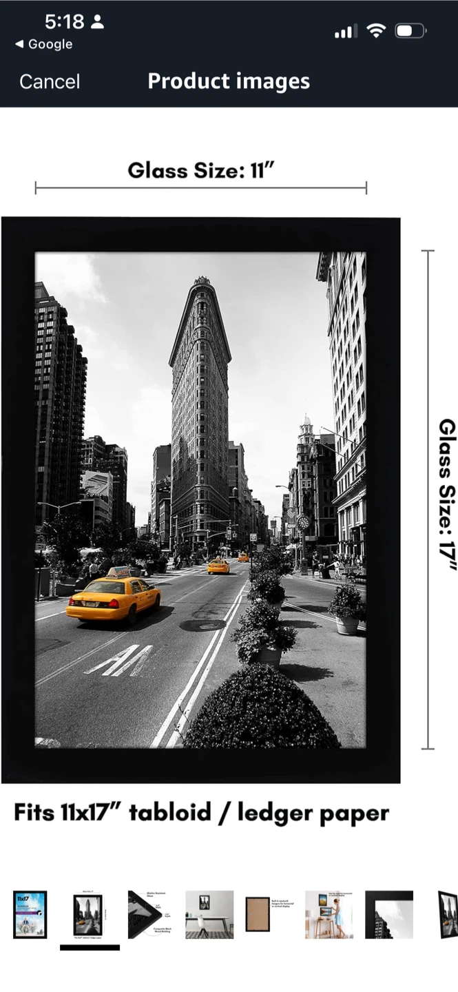 New Black Picture Frame - Fits 11x17 Photo