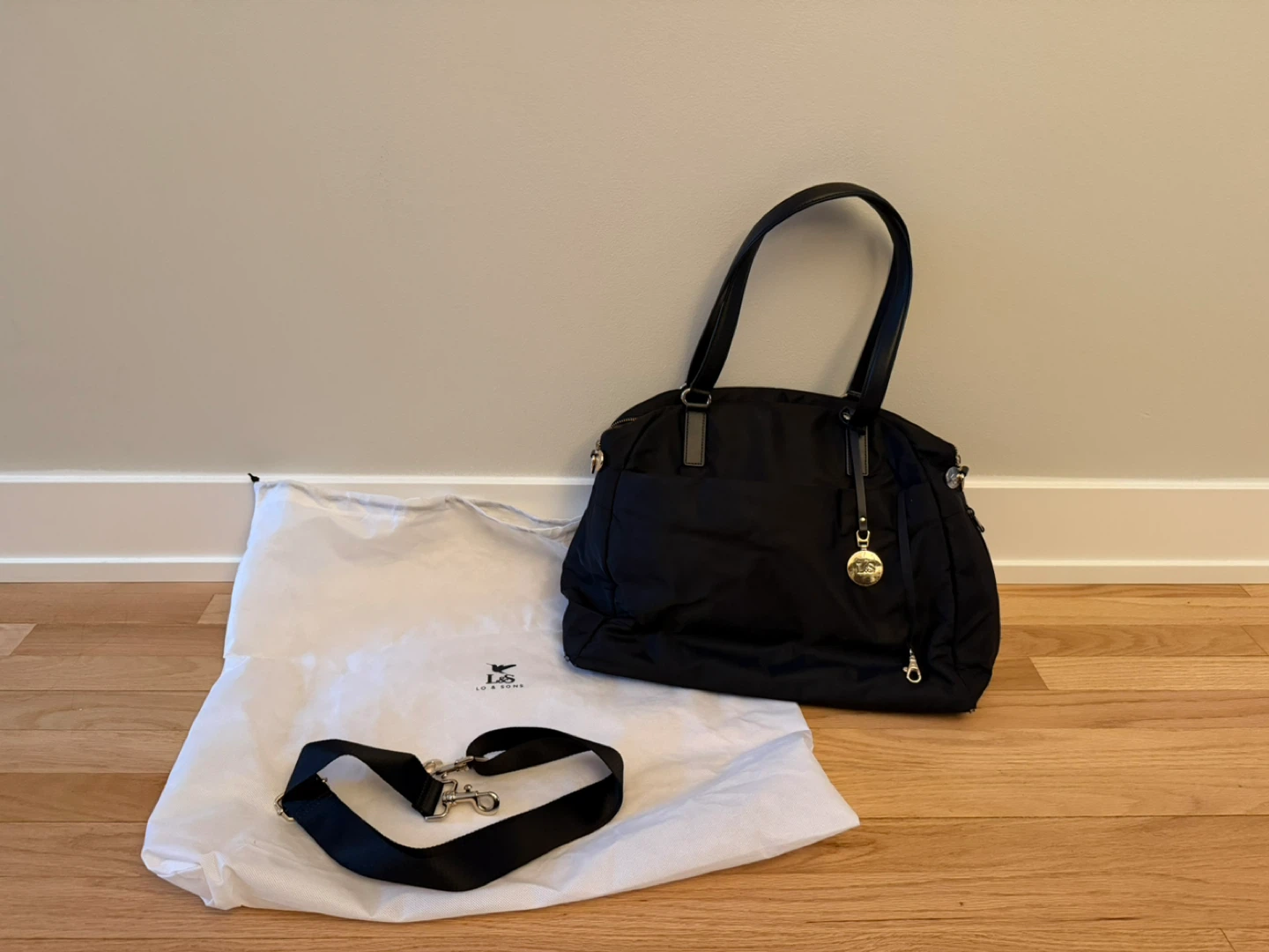 Black Lo & Sons Nylon Tote Bag with Shoulder Strap & Dust Bag