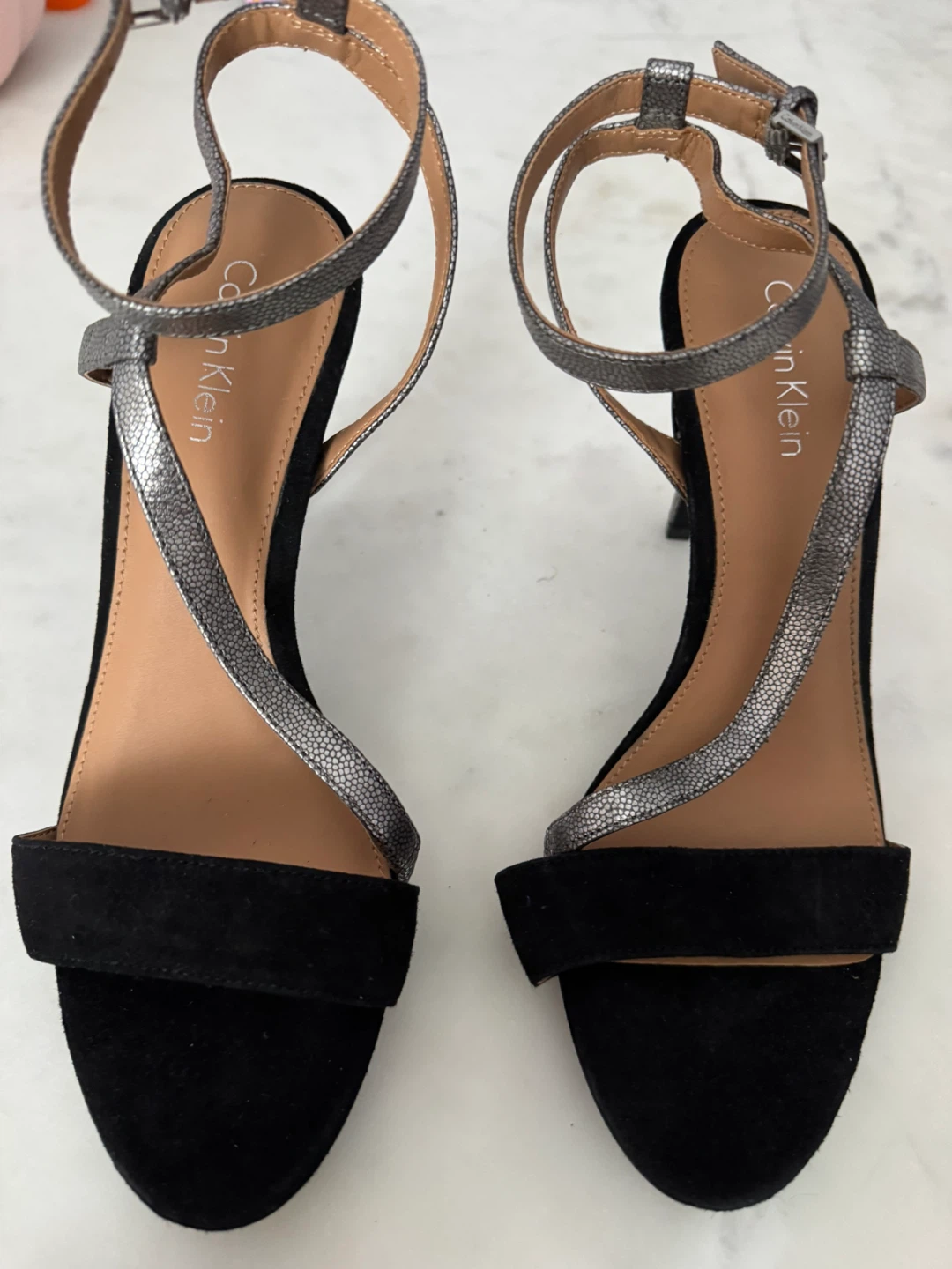 Calvin Klein Black Suede & Silver Snake Print Heels