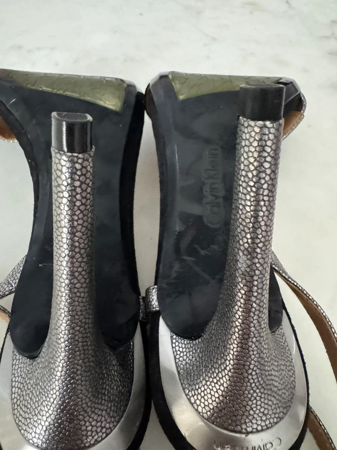 Calvin Klein Black Suede & Silver Snake Print Heels - photo 4
