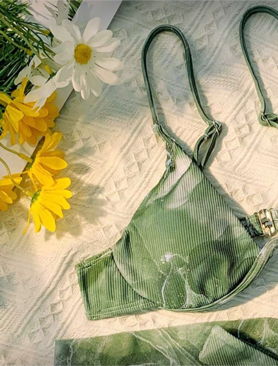 *New* SHEIN Swim 3-Piece Green Marble Print Bikini with Sarong - photo 3