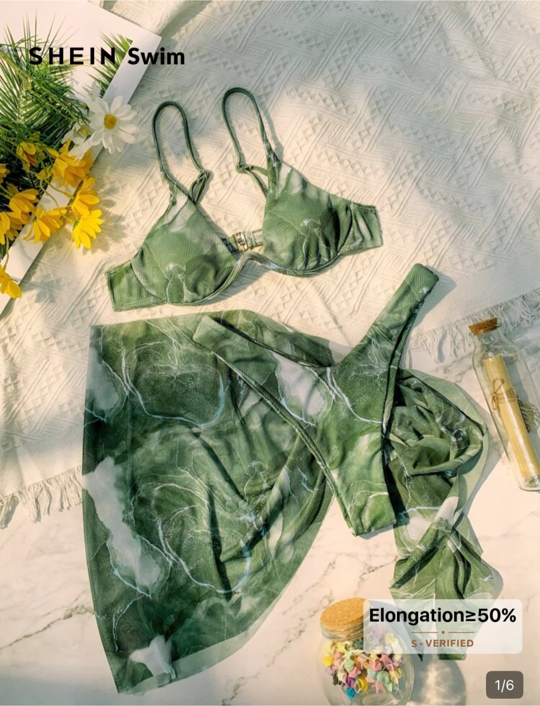 *New* SHEIN Swim 3-Piece Green Marble Print Bikini with Sarong