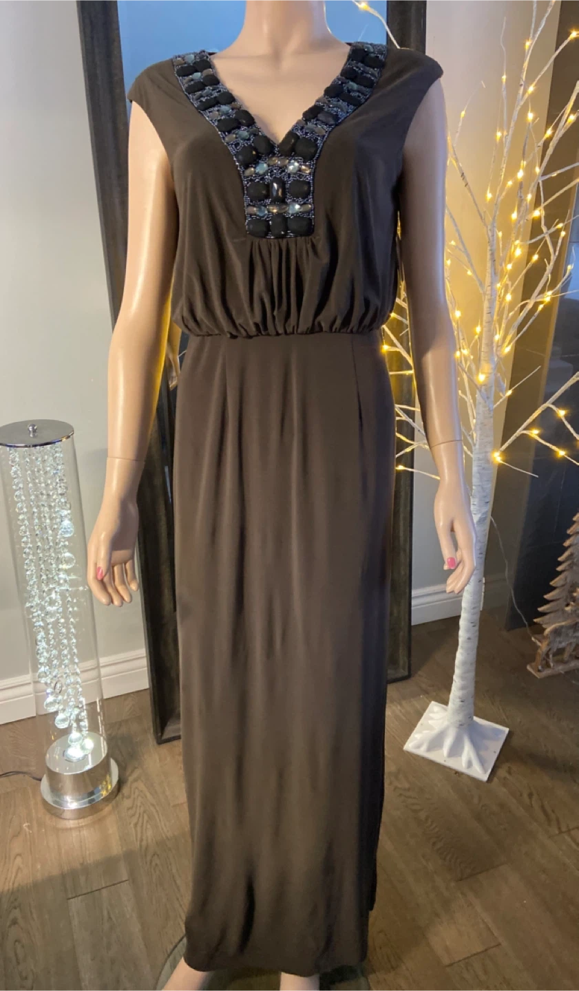 NWT: Alex & Eve Brown Embellished Maxi Dress Size 6 - photo 2