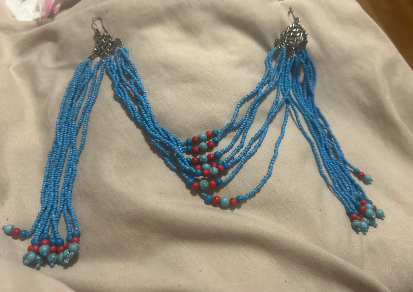 Blue Beaded Dangle Earrings with Red and Turquoise Accents