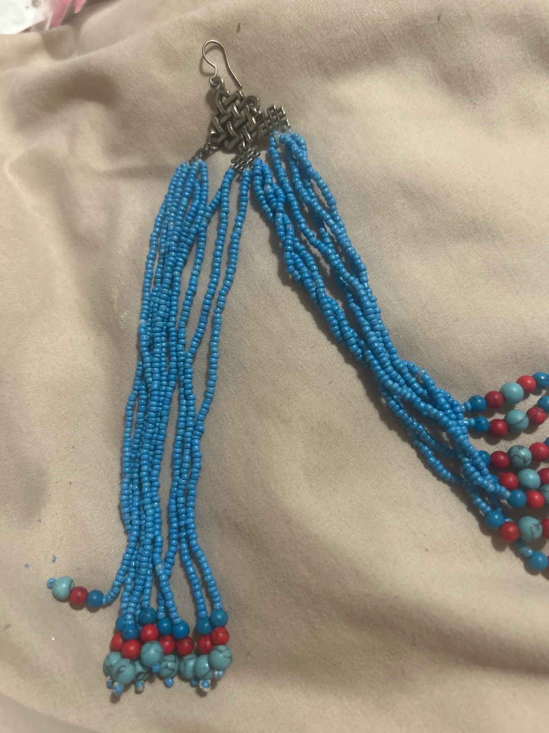 Blue Beaded Dangle Earrings with Red and Turquoise Accents - photo 2