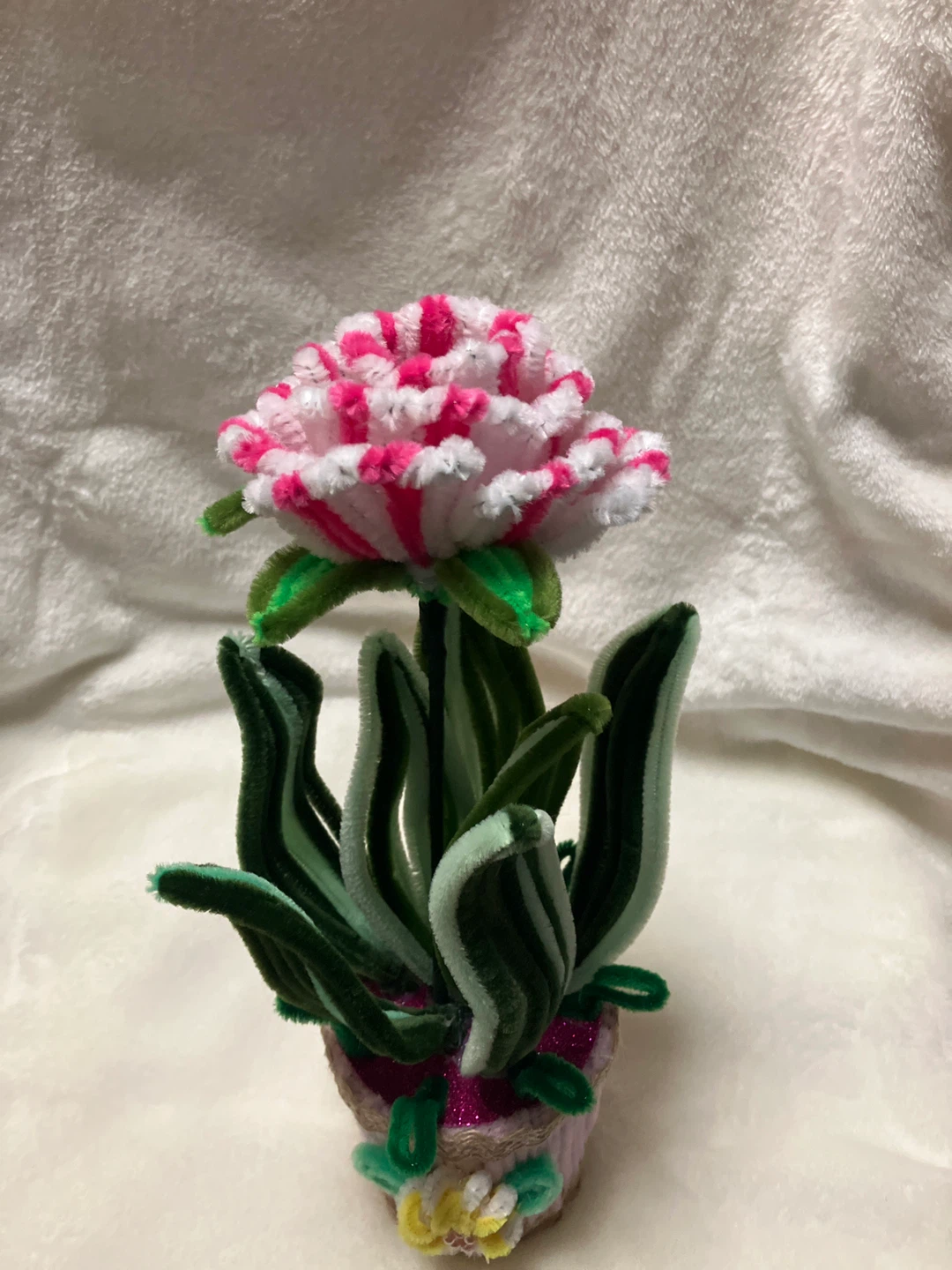Pink and White Pipe Cleaner Flower in Pot - photo 2