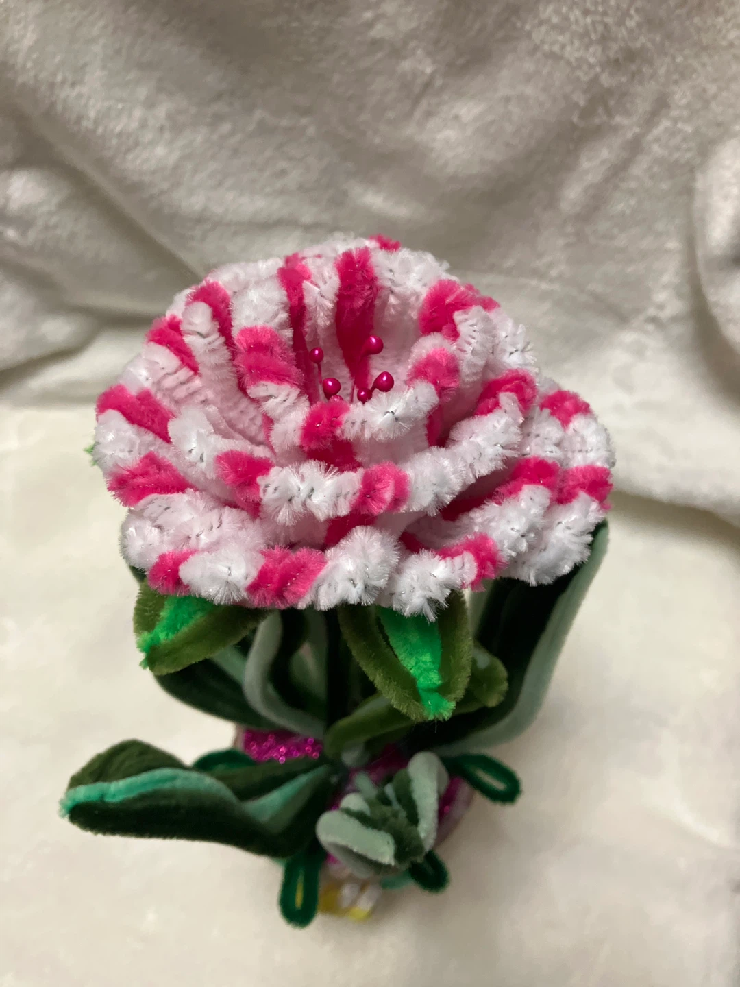 Pink and White Pipe Cleaner Flower in Pot - photo 4